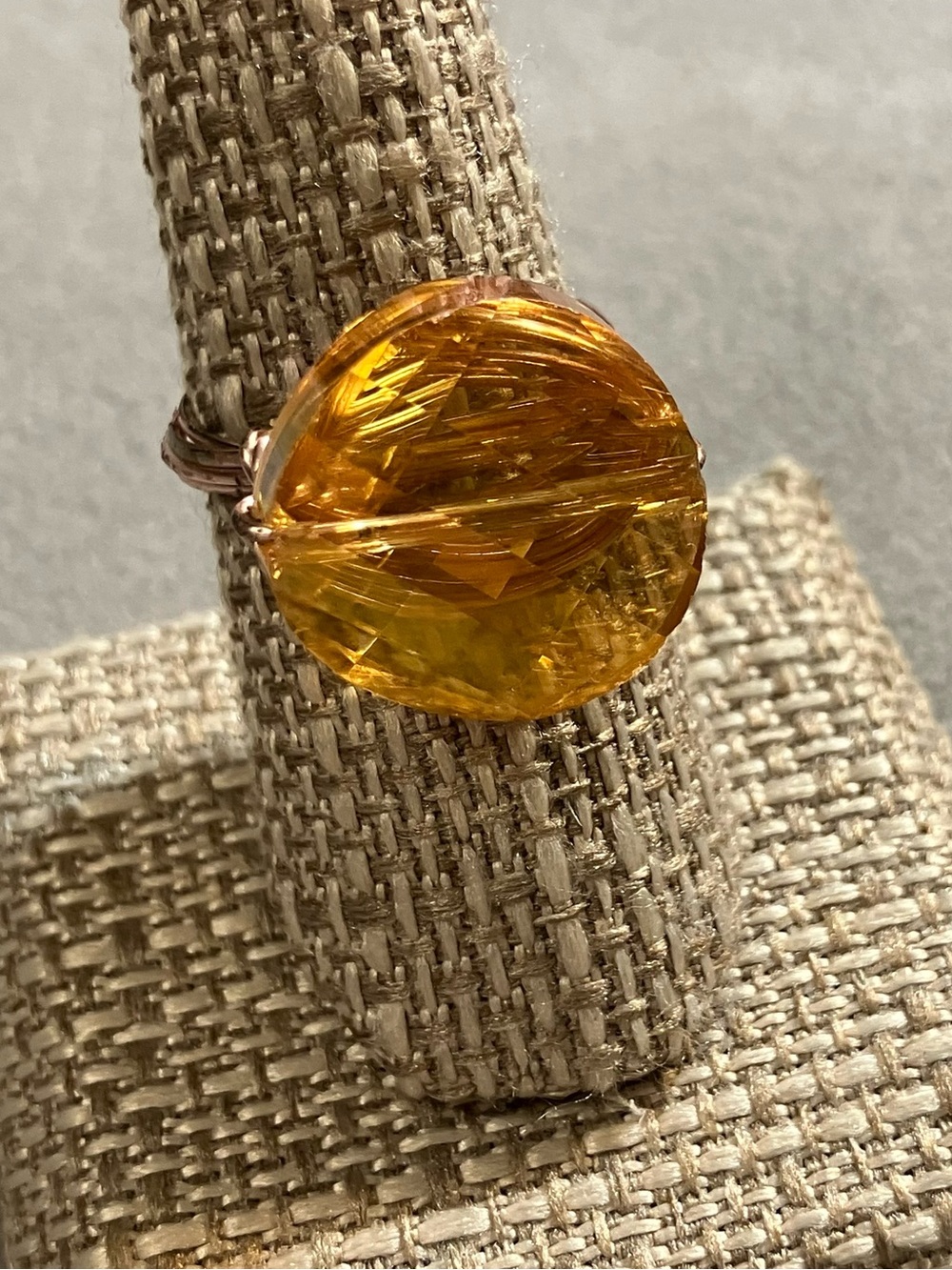 Handmade Golden Amber Yellow Optic Cut Glass Bead Wire Wrapped Ring 8.5